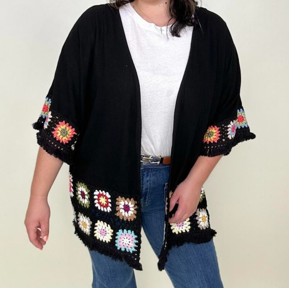 Umgee Linen Blend Black Patch Crochet Kimono Cardigan Coverup Oversized Fit